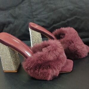 Elegant Cape Robbin Faux Fur Block Heel Sandals